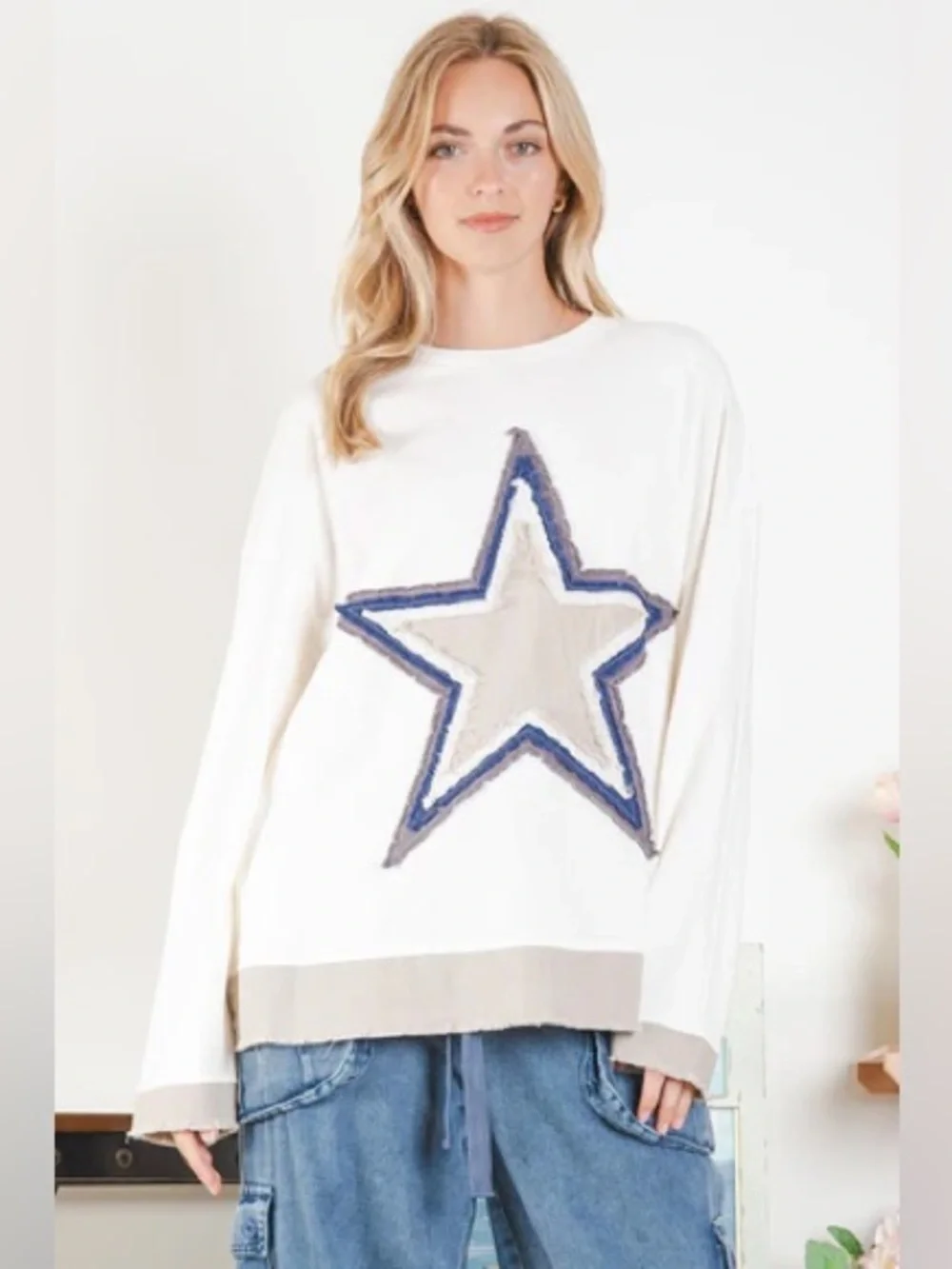 Blue Velvet Distressed Star Patch Long Sleeve Tee, Natural, Size L/XL - Picture 1 of 4